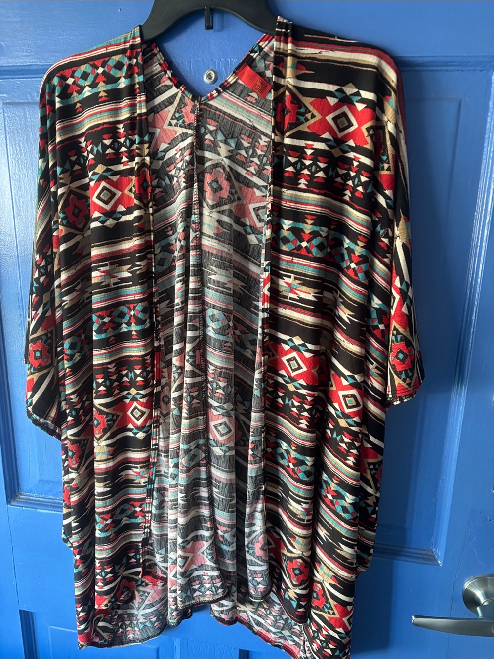 Aztec Print Open Front Kimono Cardigan - Red, Teal, Black XL